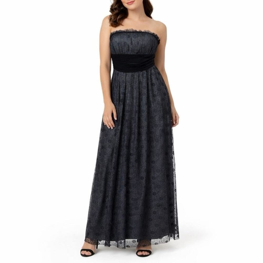Kay Unger NY Size 6 Lace Velvet Polka Strapless Maxi Dress Black Party Cocktail